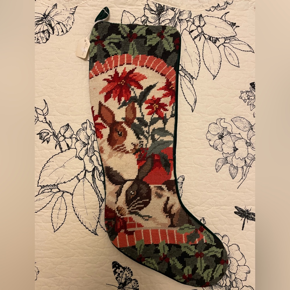 Beautiful Bunny Rabbits Christmas Handmade Needlepoint Stocking NWT 22in
